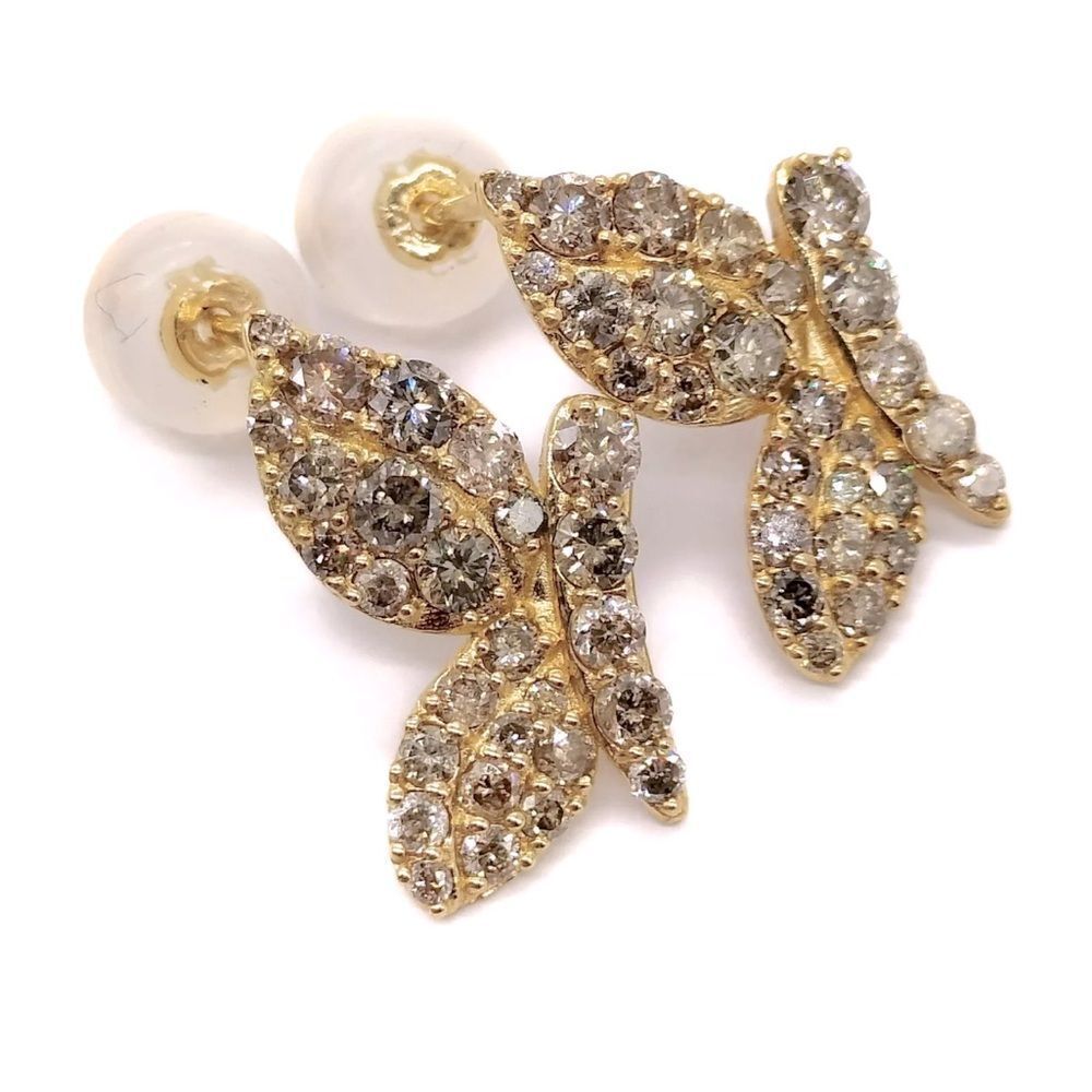 Butterfly Wings 1ct Natural Diamond Pave Cluster Yellow Gold Pierced Earrings